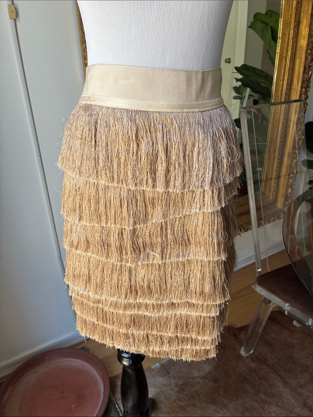 Robert Rodriguez Beige Tiered Fringe silk mini Skirt size small